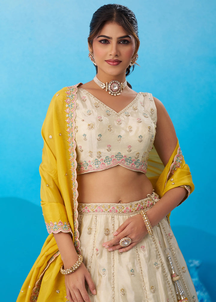 Cream White Tissue Lehenga Choli with Sequin Embroidery work with Yellow Dupatta