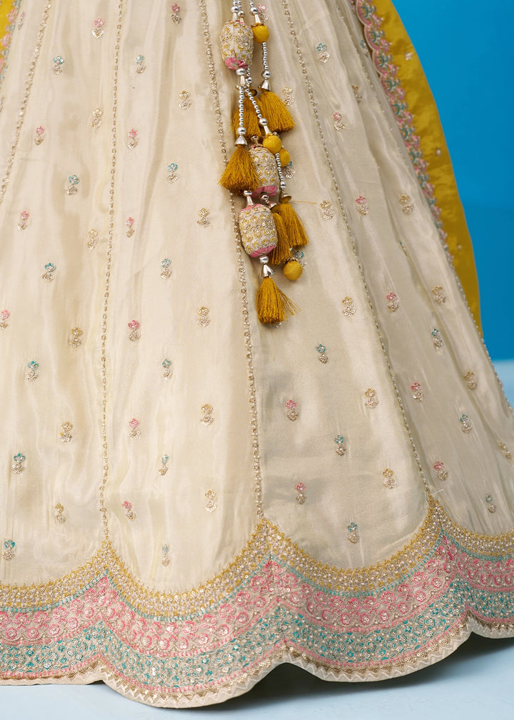 Cream White Tissue Lehenga Choli with Sequin Embroidery work with Yellow Dupatta