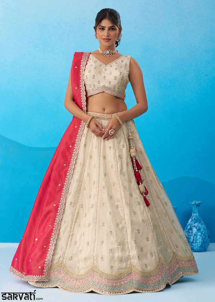 Cream White Tissue Lehenga Choli with Sequin Embroidery work with Pink Dupatta
