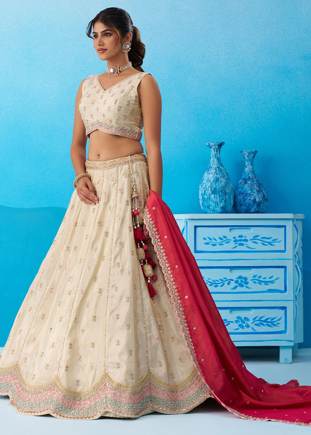 Cream White Tissue Lehenga Choli with Sequin Embroidery work with Pink Dupatta