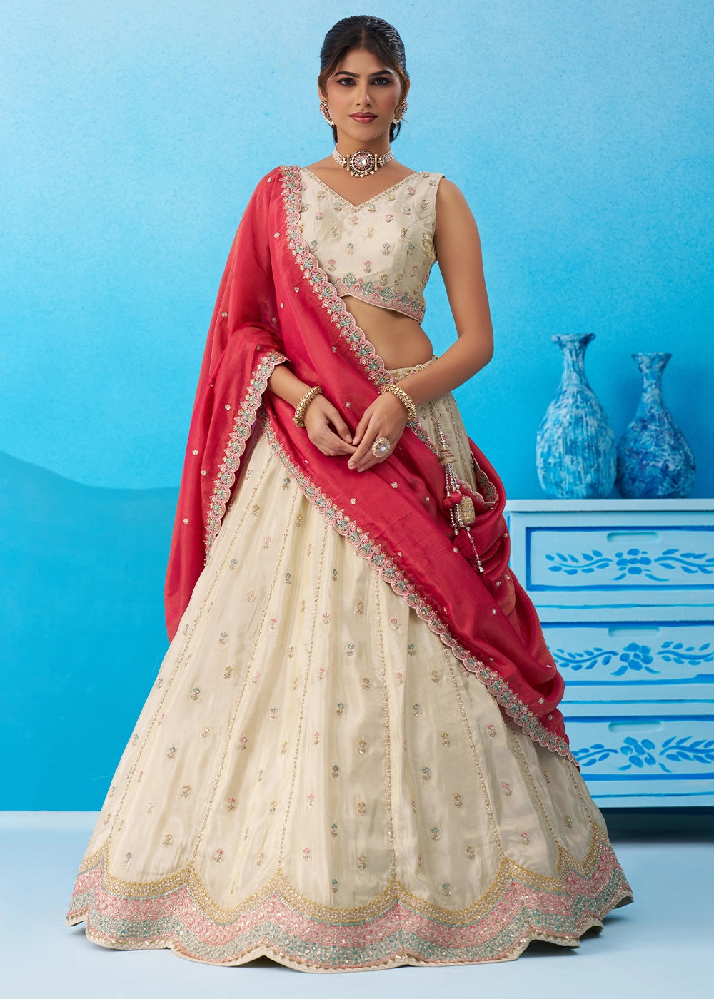 Cream White Tissue Lehenga Choli with Sequin Embroidery work with Pink Dupatta