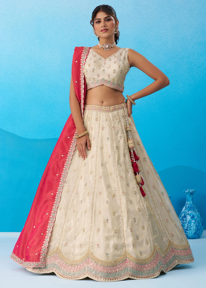 Cream White Tissue Lehenga Choli with Sequin Embroidery work with Pink Dupatta