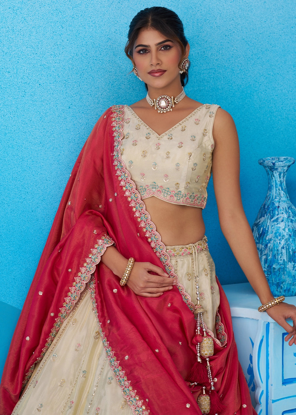 Cream White Tissue Lehenga Choli with Sequin Embroidery work with Pink Dupatta