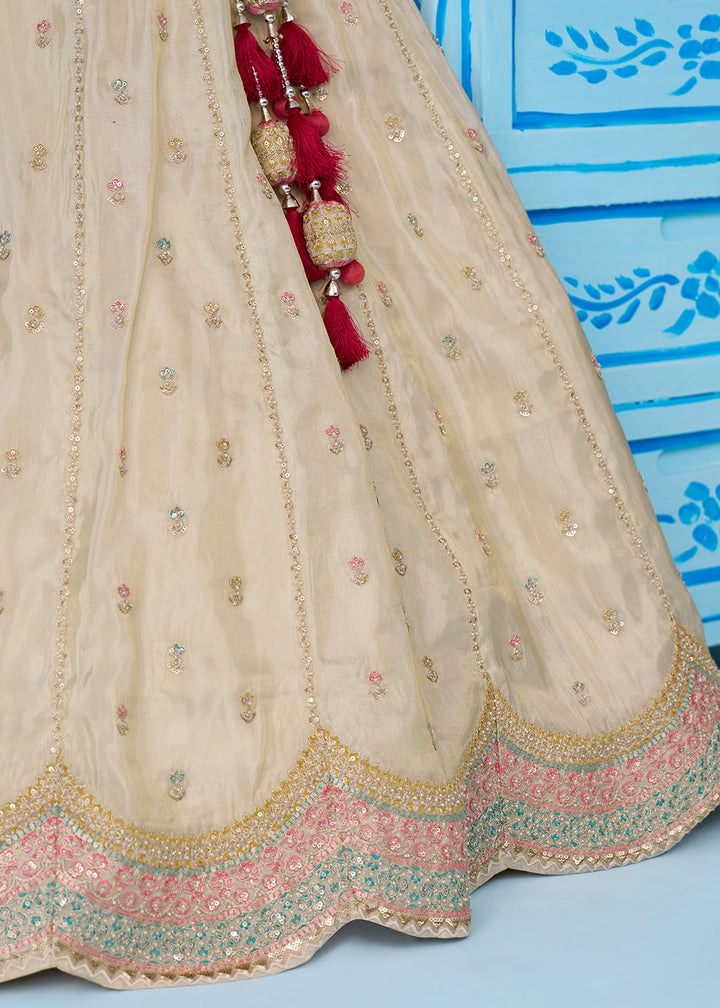 Cream White Tissue Lehenga Choli with Sequin Embroidery work with Pink Dupatta