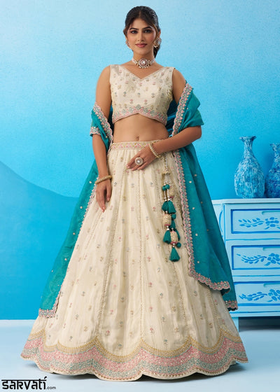 Cream White Tissue Lehenga Choli with Sequin Embroidery work with Rama Dupatta