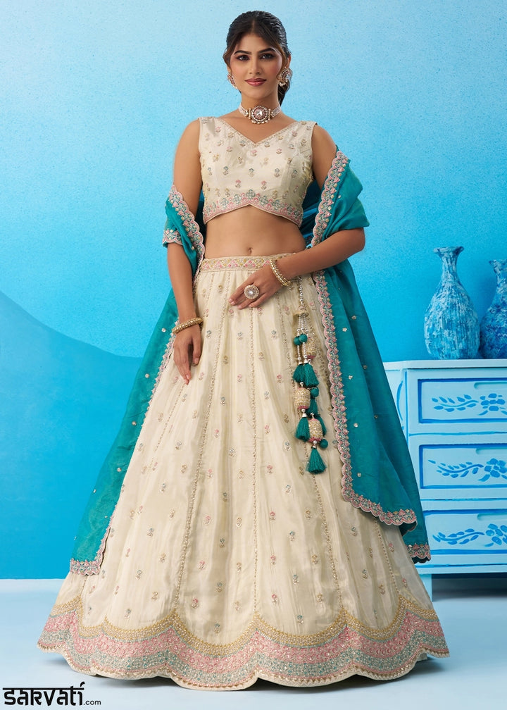 Cream White Tissue Lehenga Choli with Sequin Embroidery work with Rama Dupatta