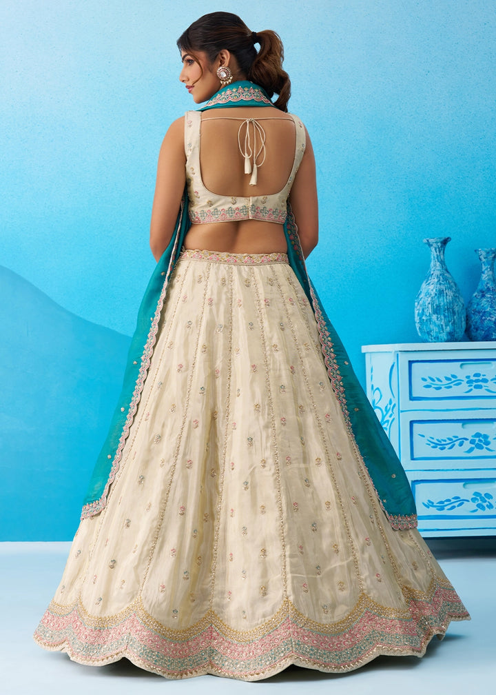 Cream White Tissue Lehenga Choli with Sequin Embroidery work with Rama Dupatta