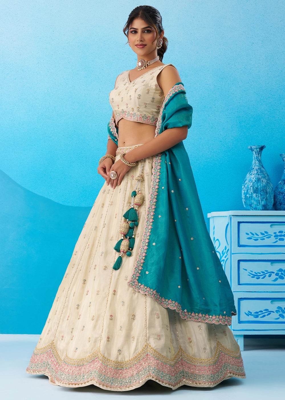 Cream White Tissue Lehenga Choli with Sequin Embroidery work with Rama Dupatta