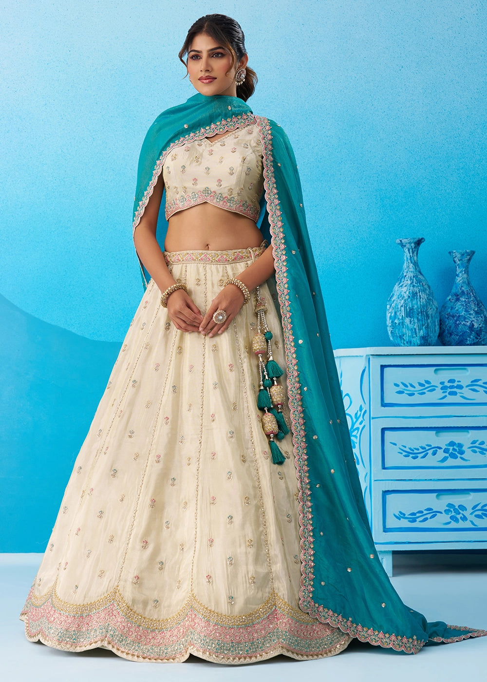 Cream White Tissue Lehenga Choli with Sequin Embroidery work with Rama Dupatta