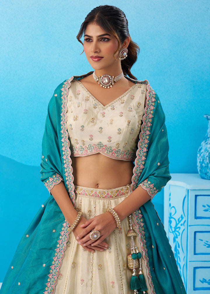 Cream White Tissue Lehenga Choli with Sequin Embroidery work with Rama Dupatta