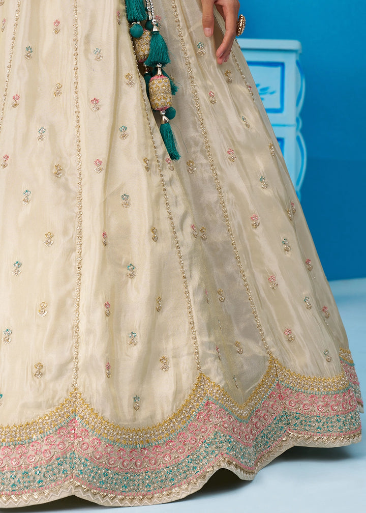 Cream White Tissue Lehenga Choli with Sequin Embroidery work with Rama Dupatta
