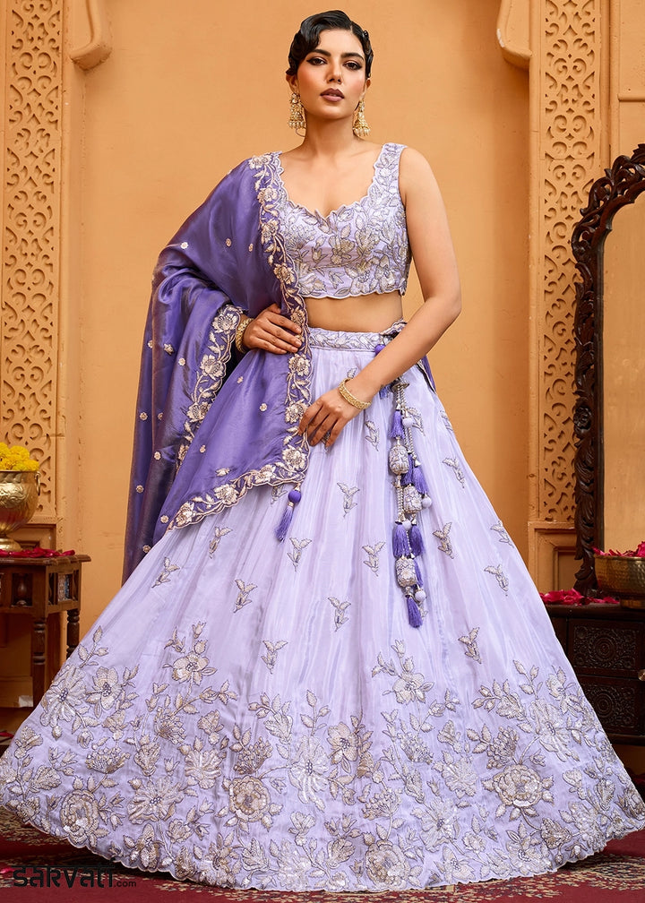 Lavender Purple Tissue Lehenga Choli with Handcrafted Floral & Sequin Work