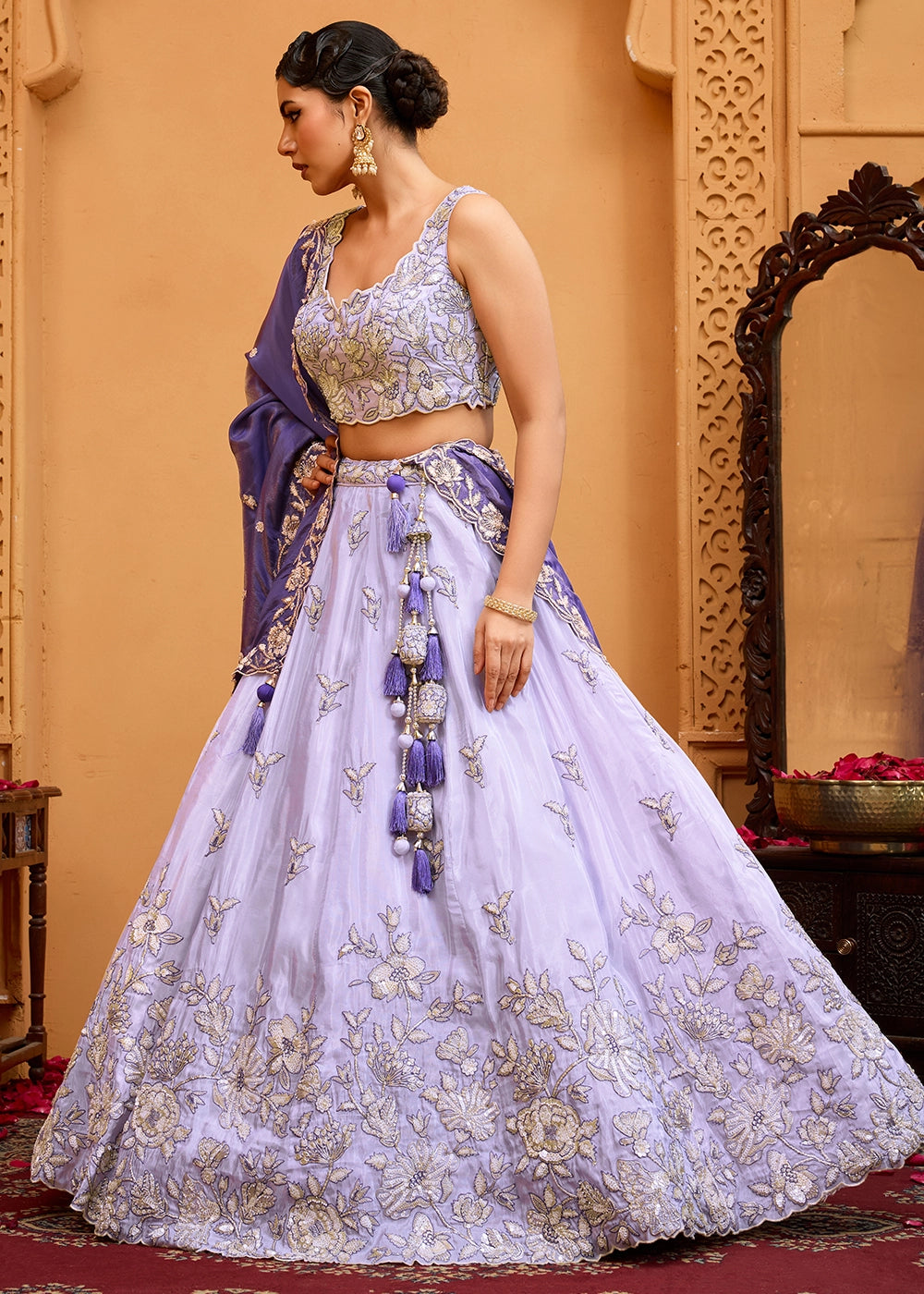 Lavender Purple Tissue Lehenga Choli with Handcrafted Floral & Sequin Work