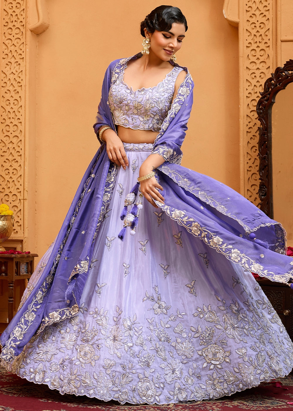 Lavender Purple Tissue Lehenga Choli with Handcrafted Floral & Sequin Work