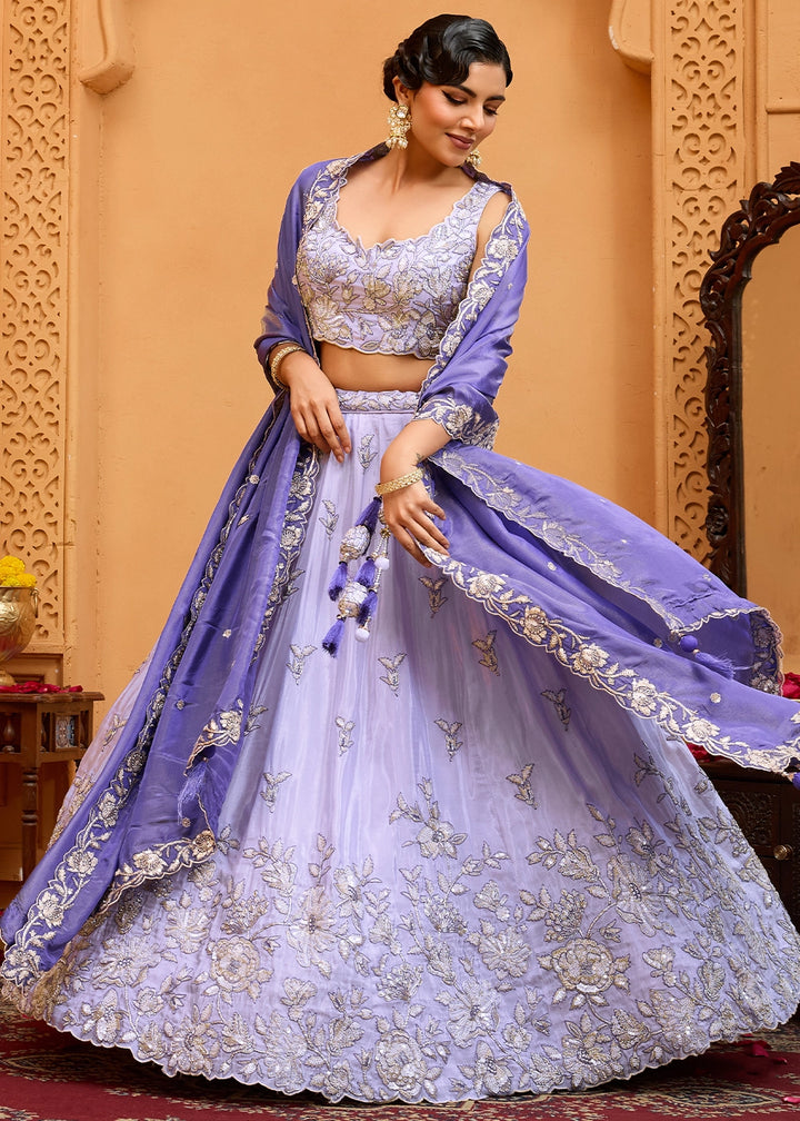 Lavender Purple Tissue Lehenga Choli with Handcrafted Floral & Sequin Work