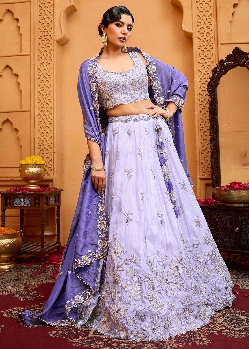 Lavender Purple Tissue Lehenga Choli with Handcrafted Floral & Sequin Work