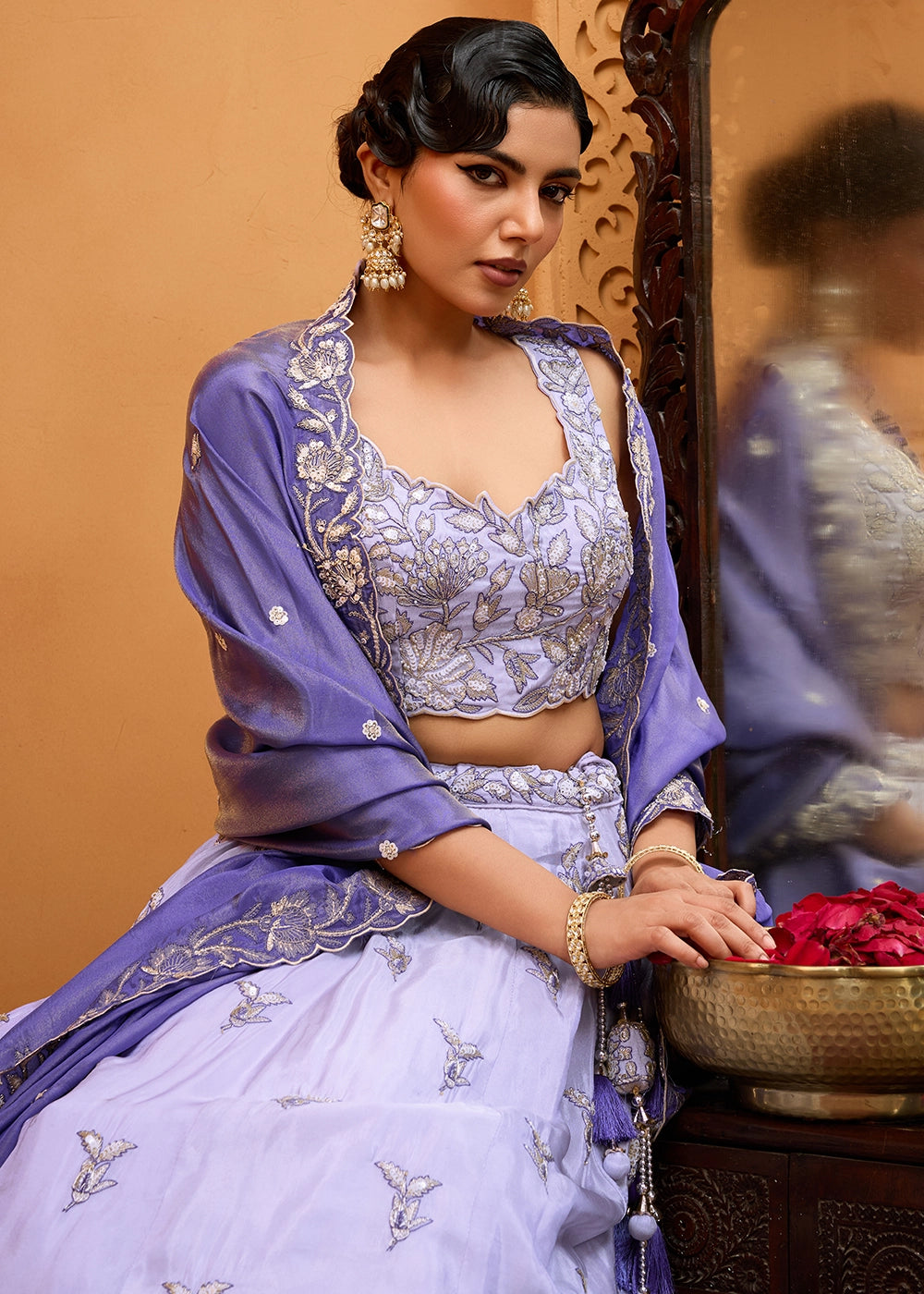 Lavender Purple Tissue Lehenga Choli with Handcrafted Floral & Sequin Work