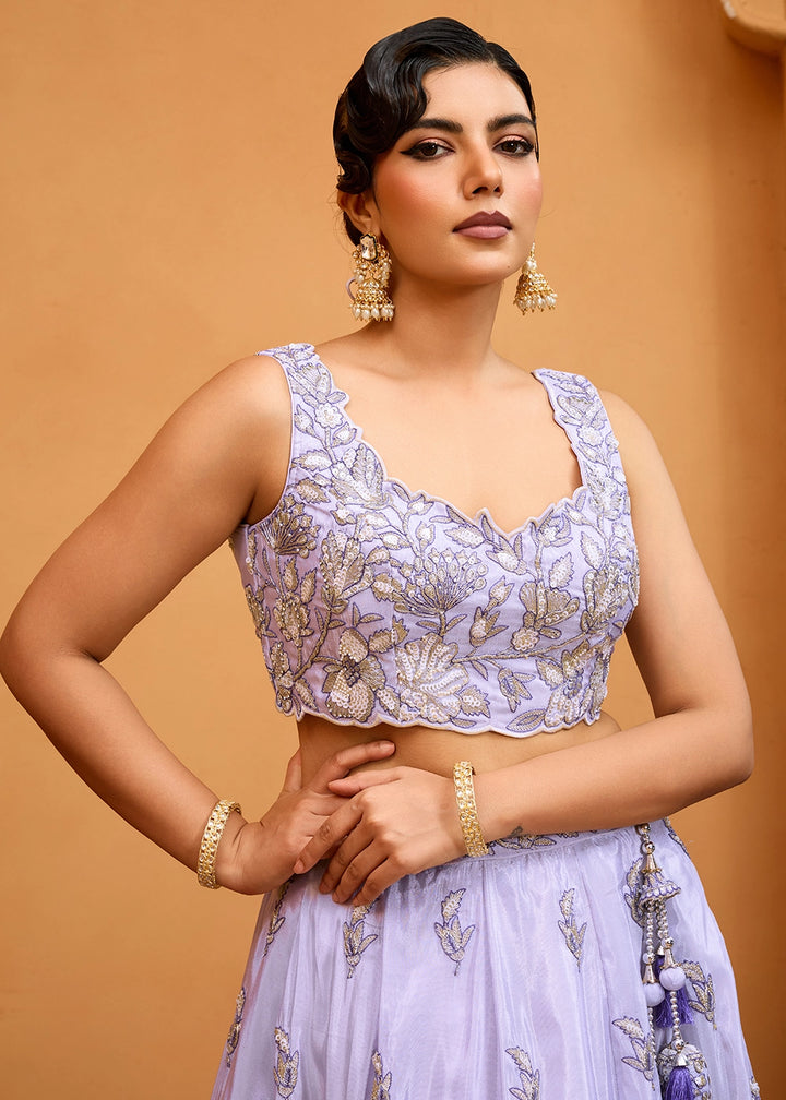 Lavender Purple Tissue Lehenga Choli with Handcrafted Floral & Sequin Work