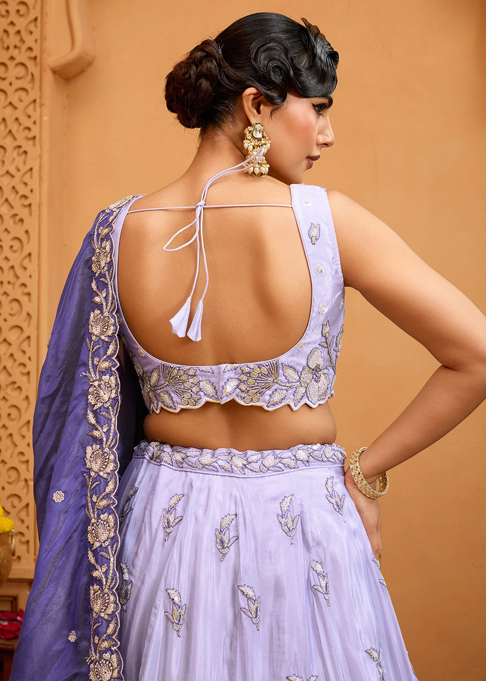 Lavender Purple Tissue Lehenga Choli with Handcrafted Floral & Sequin Work