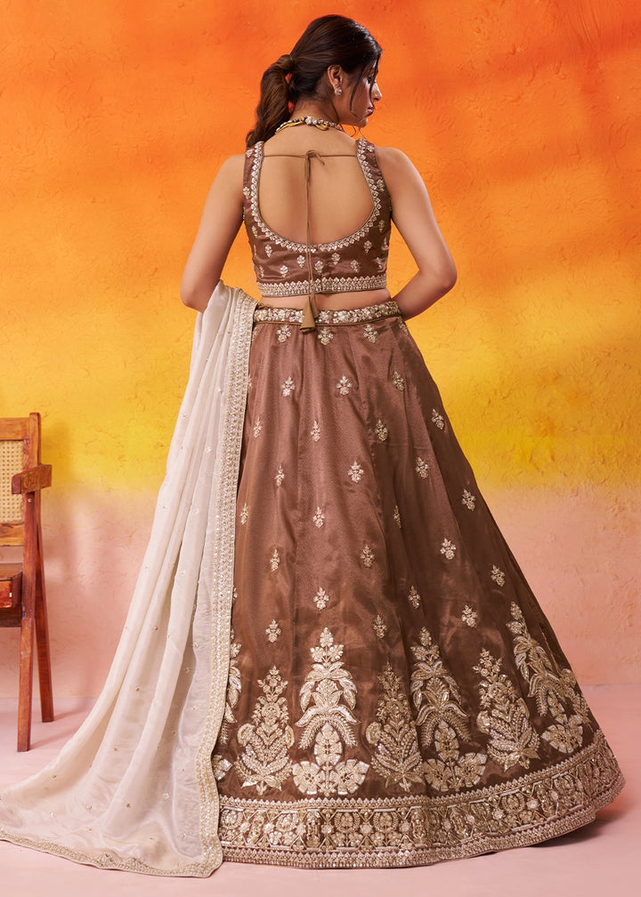 Chocolate Brown Tissue Embellished Lehenga Choli with Sequins Embroidery