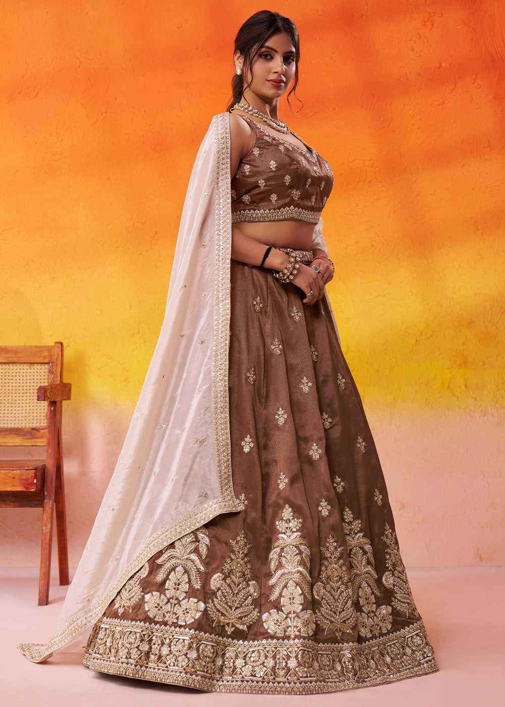 Chocolate Brown Tissue Embellished Lehenga Choli with Sequins Embroidery