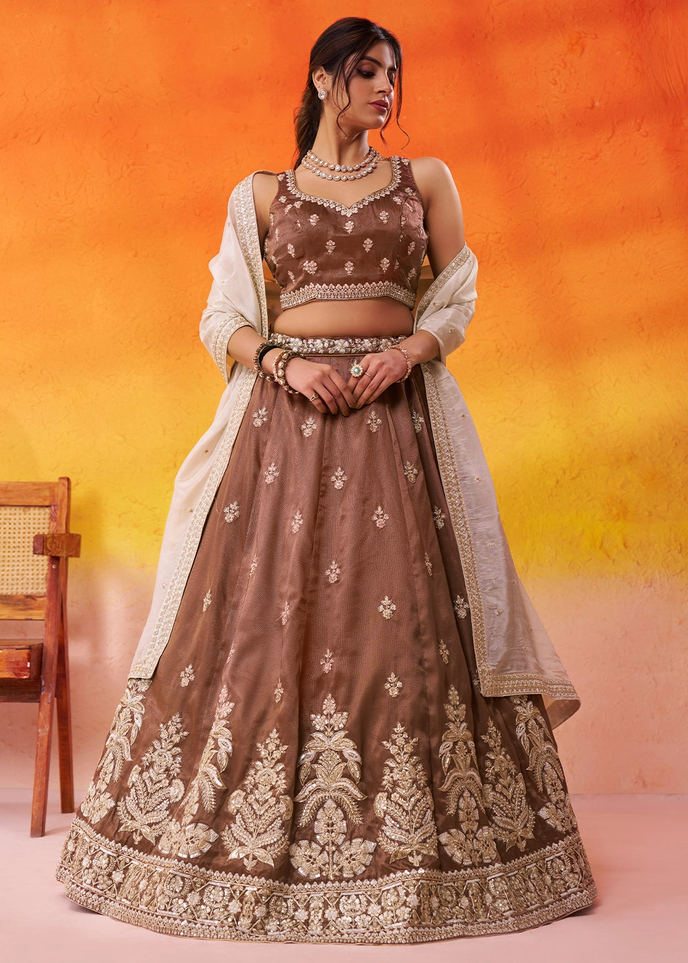 Chocolate Brown Tissue Embellished Lehenga Choli with Sequins Embroidery