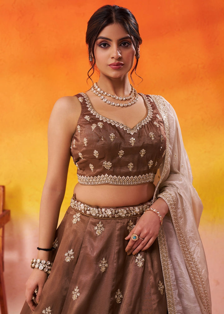 Chocolate Brown Tissue Embellished Lehenga Choli with Sequins Embroidery