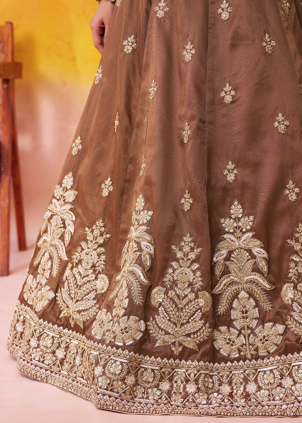 Chocolate Brown Tissue Embellished Lehenga Choli with Sequins Embroidery