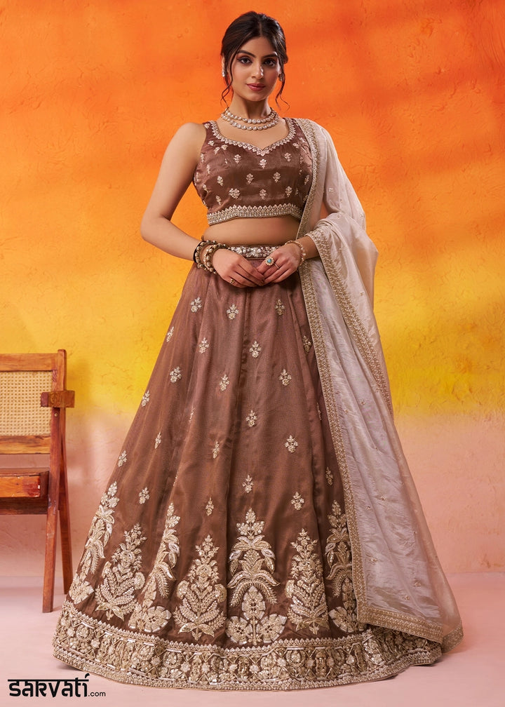 Chocolate Brown Tissue Embellished Lehenga Choli with Sequins Embroidery