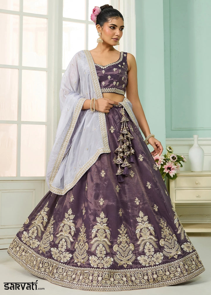 Lilac Shadow Purple Tissue Lehenga Choli with Handcrafted Floral & Sequin Work