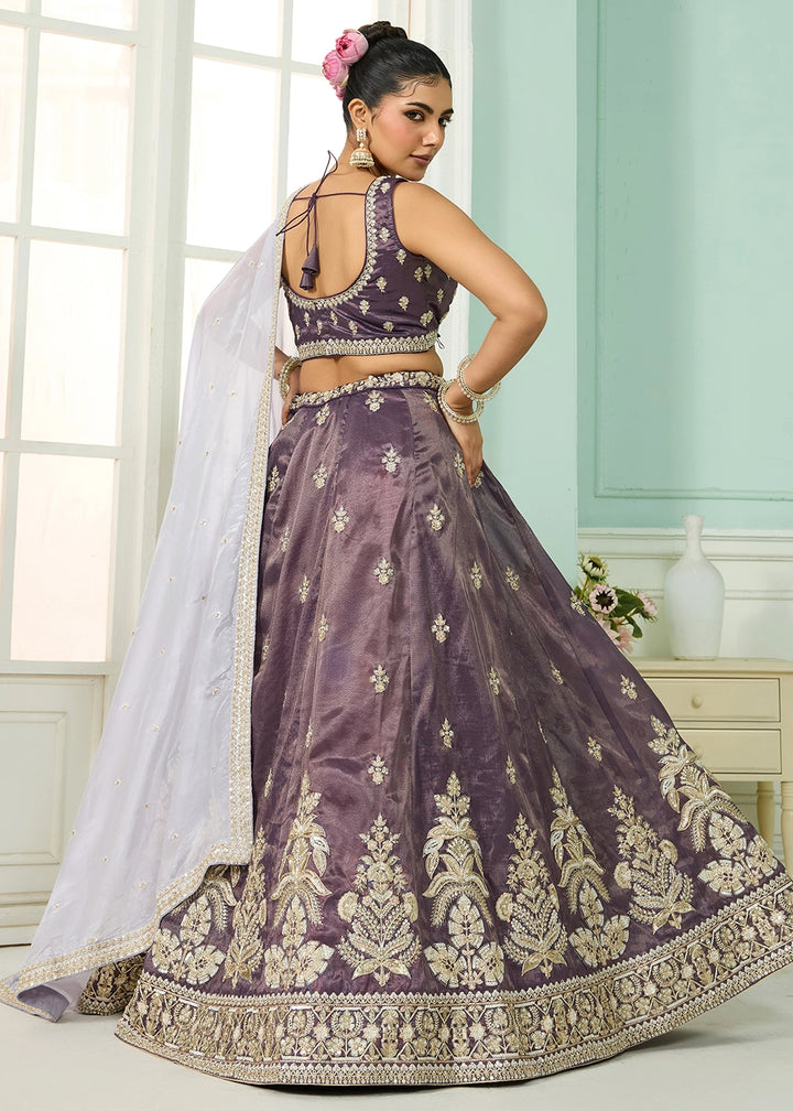 Lilac Shadow Purple Tissue Lehenga Choli with Handcrafted Floral & Sequin Work