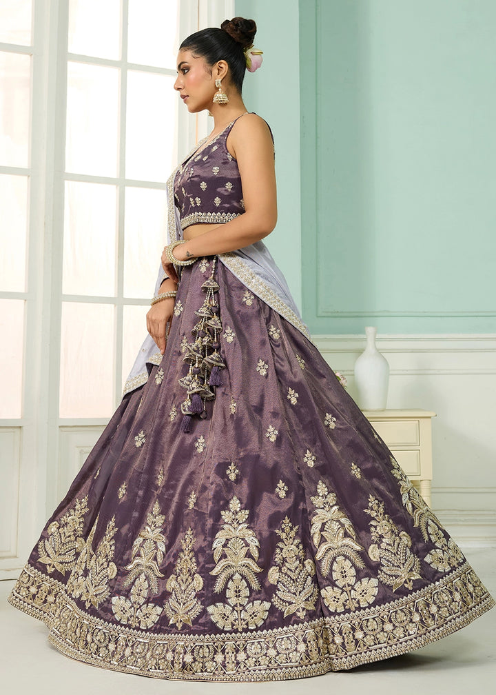 Lilac Shadow Purple Tissue Lehenga Choli with Handcrafted Floral & Sequin Work