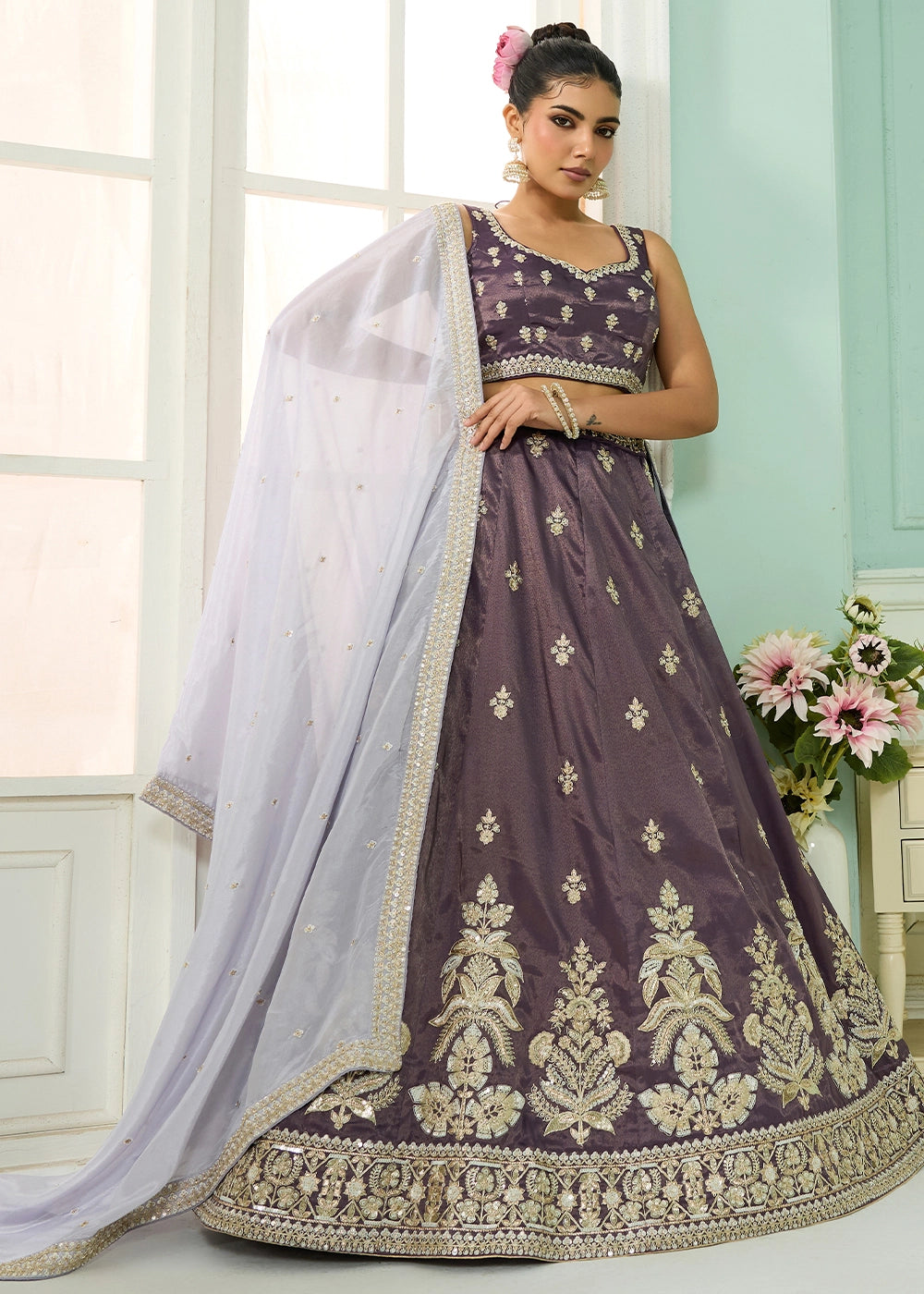 Lilac Shadow Purple Tissue Lehenga Choli with Handcrafted Floral & Sequin Work