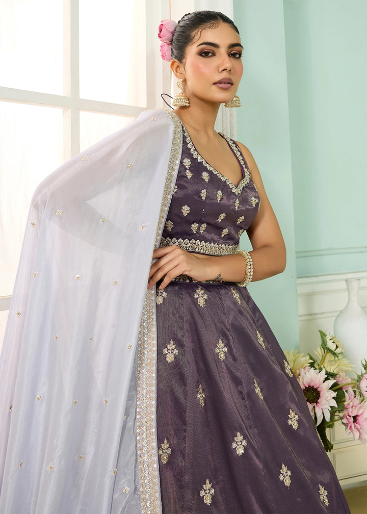 Lilac Shadow Purple Tissue Lehenga Choli with Handcrafted Floral & Sequin Work