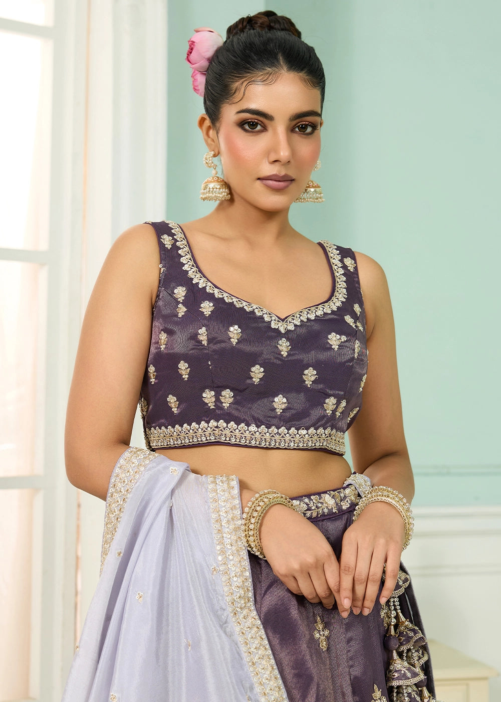 Lilac Shadow Purple Tissue Lehenga Choli with Handcrafted Floral & Sequin Work