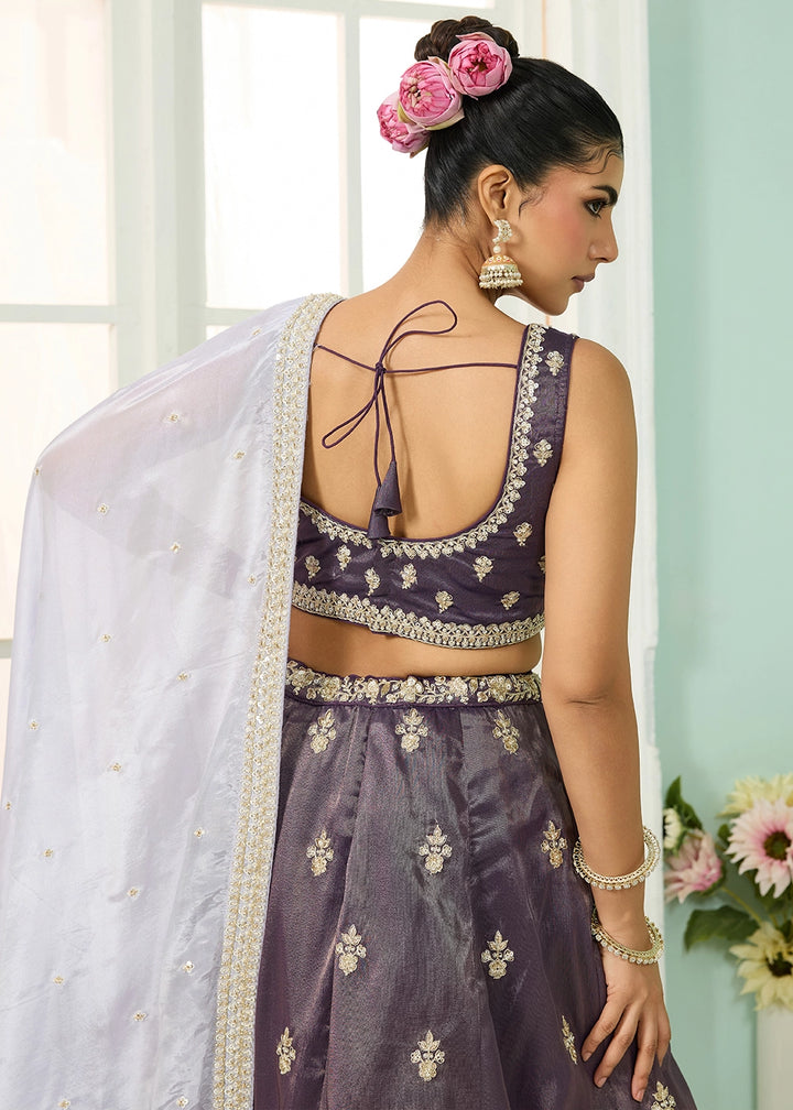 Lilac Shadow Purple Tissue Lehenga Choli with Handcrafted Floral & Sequin Work