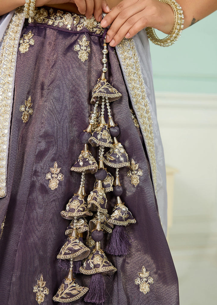 Lilac Shadow Purple Tissue Lehenga Choli with Handcrafted Floral & Sequin Work