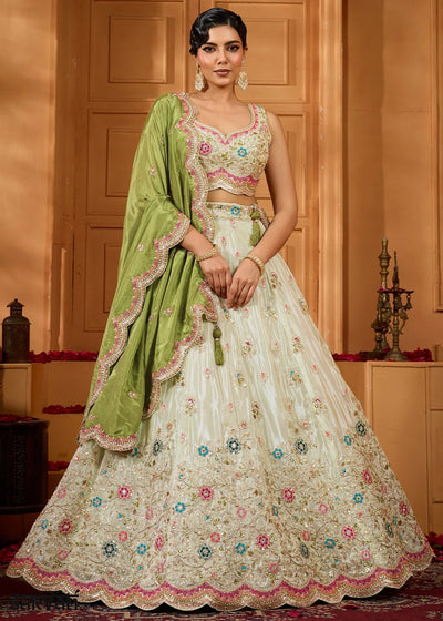 Tea Green Tissue Lehenga Choli with Handcrafted Floral & Sequin Work