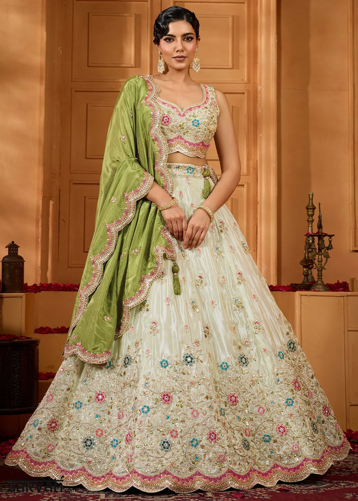 Tea Green Tissue Lehenga Choli with Handcrafted Floral & Sequin Work