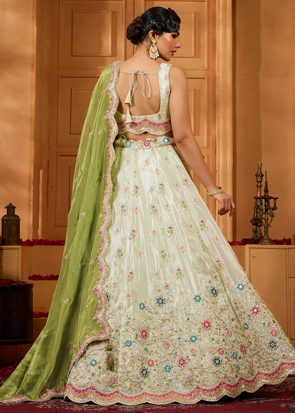 Tea Green Tissue Lehenga Choli with Handcrafted Floral & Sequin Work