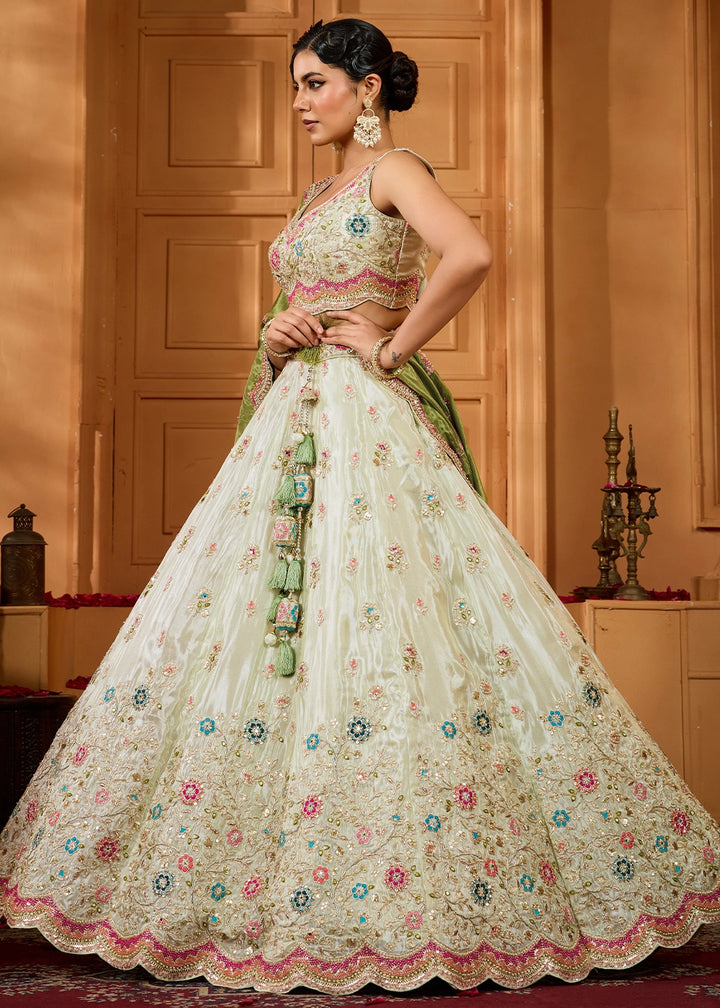 Tea Green Tissue Lehenga Choli with Handcrafted Floral & Sequin Work