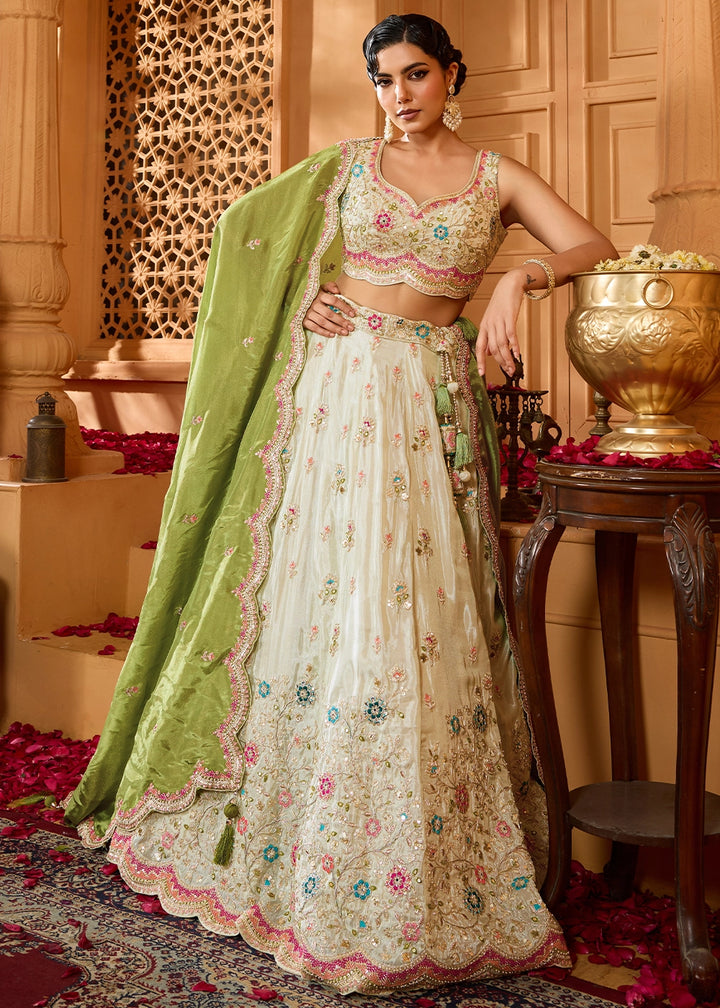 Tea Green Tissue Lehenga Choli with Handcrafted Floral & Sequin Work