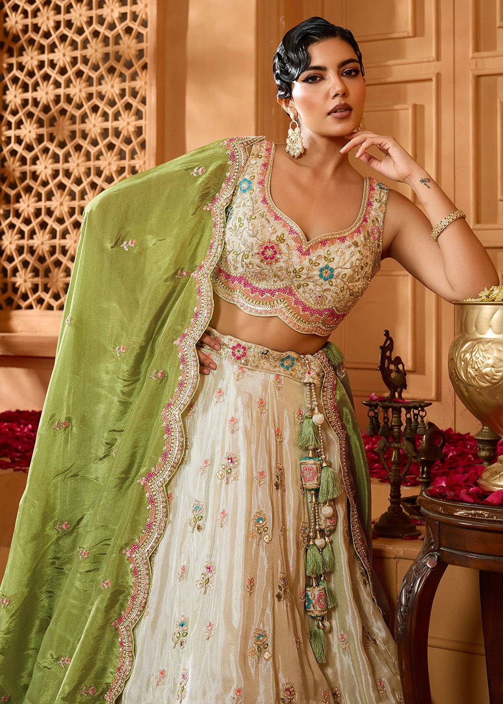 Tea Green Tissue Lehenga Choli with Handcrafted Floral & Sequin Work