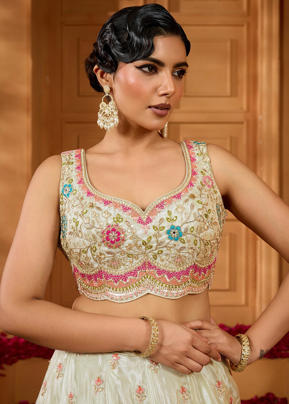 Tea Green Tissue Lehenga Choli with Handcrafted Floral & Sequin Work