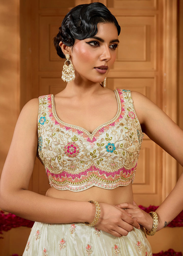 Tea Green Tissue Lehenga Choli with Handcrafted Floral & Sequin Work