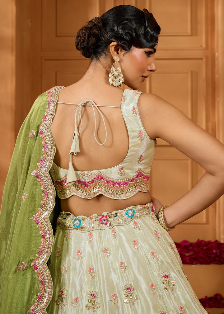 Tea Green Tissue Lehenga Choli with Handcrafted Floral & Sequin Work