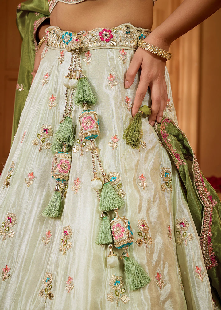 Tea Green Tissue Lehenga Choli with Handcrafted Floral & Sequin Work