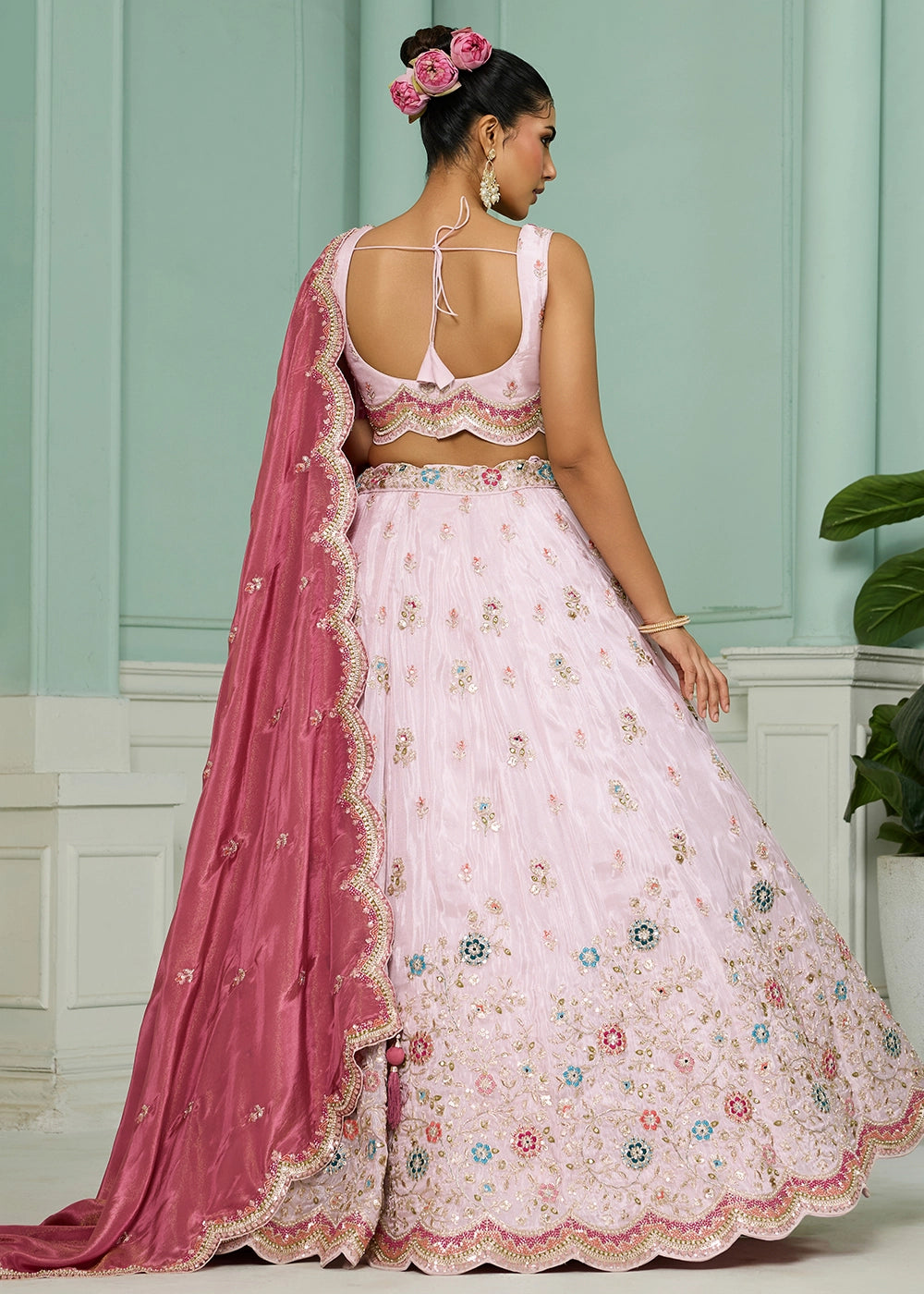 Lace Pink Tissue Lehenga Choli with Handcrafted Floral & Sequin Work