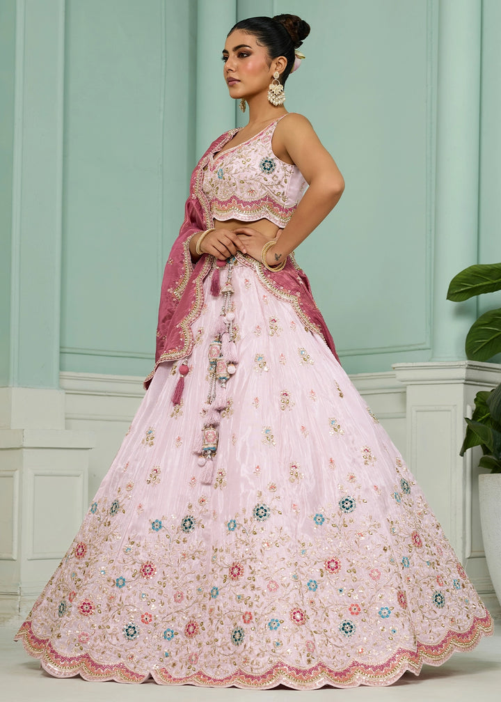 Lace Pink Tissue Lehenga Choli with Handcrafted Floral & Sequin Work