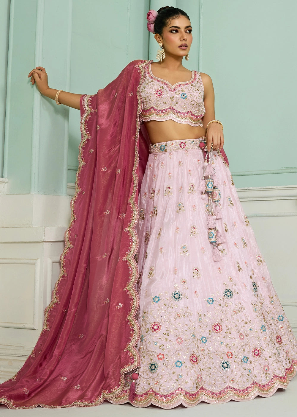 Lace Pink Tissue Lehenga Choli with Handcrafted Floral & Sequin Work